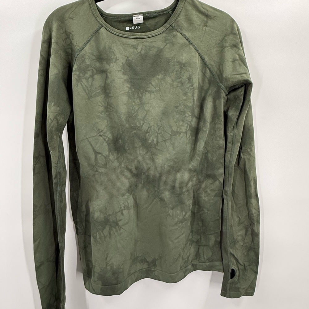 Zella Tie-Dye Long Sleeve Performance Top with Thumbholes - Olive Green, Size M